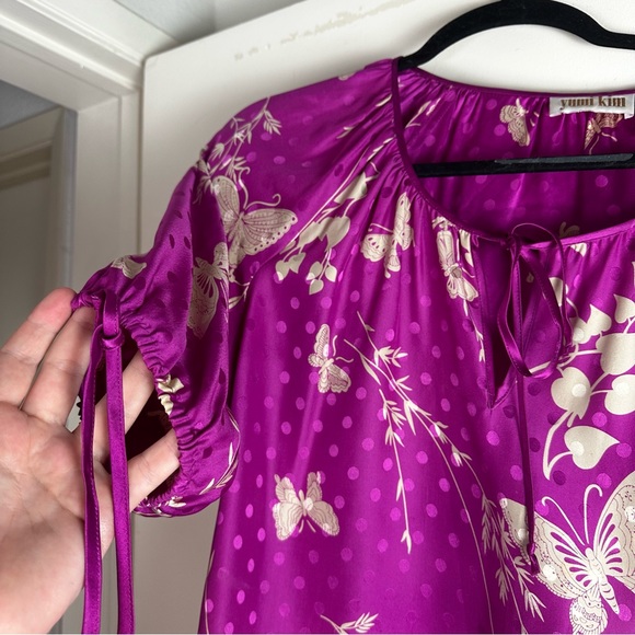 Yumi Kim Pink 100% Silk Butterfly Floral Polka Dot Prints Tie Cuff/Neck Blouse S - Picture 11 of 14